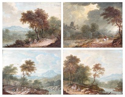 École allemande vers 1770 Paysages animés Suite de quatre gouaches. Haut. 17 - Larg....