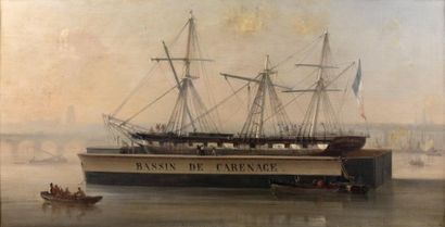 Richard FAXON (actif vers 1865) Bassin de carénage dans le port de Bordeaux Toile....