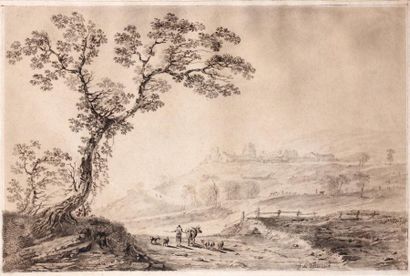 Attribué à Jean PILLEMENT (1728-1808) Paysage animé Crayon noir, estompe, rehauts...