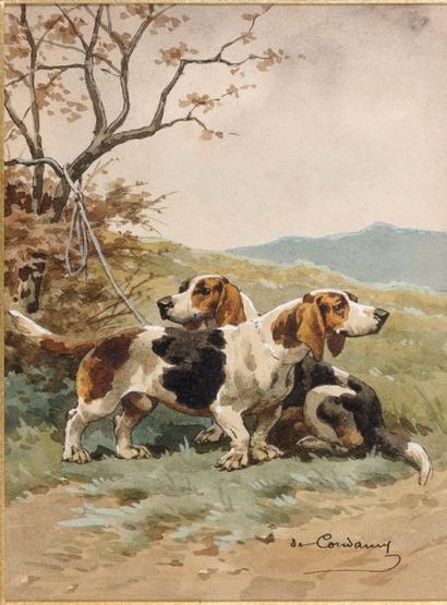 Charles Ferdinand de CONDAMY Deux chiens de chasse à courre attachés Aquarelle signée...
