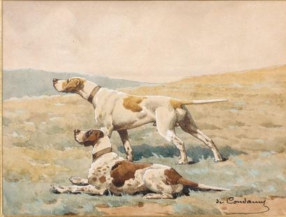 Charles Ferdinand de CONDAMY Deux chiens de chasse à courre Aquarelle signée en bas...