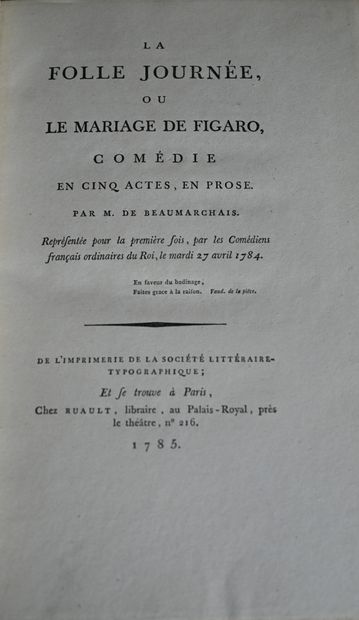 null BEAUMARCHAIS : La Folle journée de Figaro, Paris, Ruault, 1785. Bound in blue...