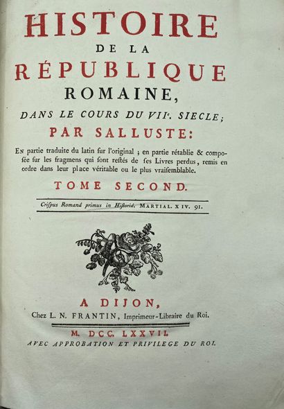 null SALLUSTE : History of the Roman Republic, 1777, Dijon, L.N. Frantin, Large In-4....