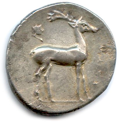 null BRUTTIUM - CAULONIA 480-380

Naked Apollo brandishing a palmette.

R/. Stag....