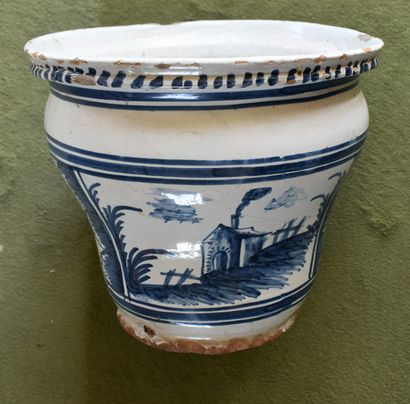 NEVERS NEVERS: CACHE-POT in earthenware with decoration in blue monochrome (pierced,...