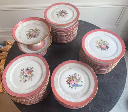 null PART OF tableware in porcelain with pink background and floral decoration, including...
