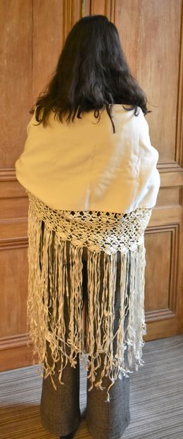 null White crepe CHALE with long fringe that belonged to an opera artist, circa ...