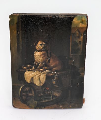 null FRENCH SCHOOL of the XIXth century: Dog sitting. Miniature on mahogany panel....