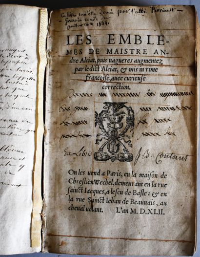 null ALCIAT : Les emblèmes. Paris, Wechel, 1542. Vign. Rel. parch. (mauvais état)....