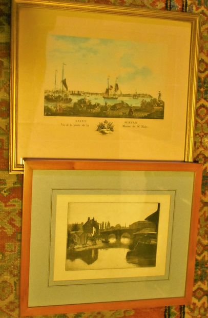 null LOT OF SEVEN ENGRAVINGS: Antibes, Cannes, Paris, Le Pont, Saint Servan and reproductions...