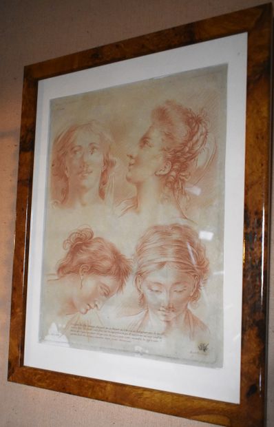 null LOT OF FIVE PIECES framed of which a chromo, red chalk engraving after Leclerc:...