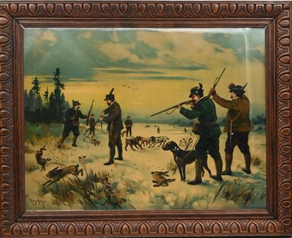 null FOUR CHROMOLITHOGRAPHIES : Partridge hunting - Duck hunting - Hare hunting -...