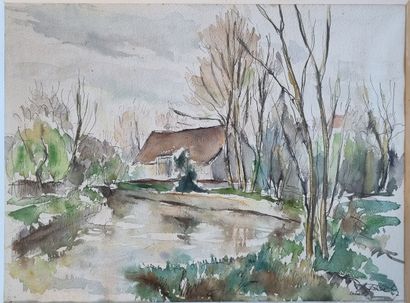 null FRENCH SCHOOL of the early 20th century: Landscape with a pond. Watercolor signed...