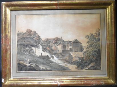 null Printed engraving in colors: The Montreux Mill in the Baillage of Vevey. Gilded...