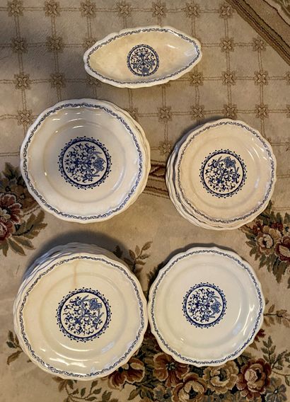 GIEN GIEN: PART OF TABLE SERVICE in earthenware with blue enamelled decoration including...
