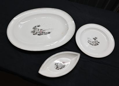 null PART OF TABLE SERVICE in white porcelain decorated with landscapes and characters...