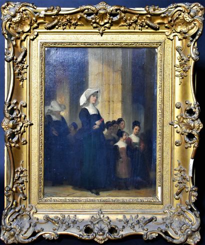 DEVERIA Eugène DEVERIA (1808-1865): Two nuns and their boarders at the church. Canvas...