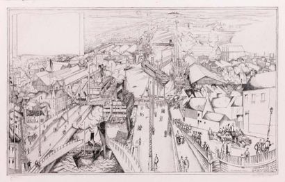 null Vue panoramique du port de Saint-Nazaire. 1919-1920. Eau-forte (L. 188). Belle...