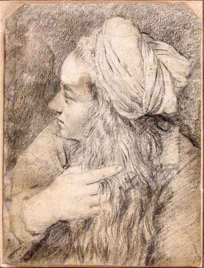 École vénitienne du XVIe siècle Femme de profil se lissant les cheveux Pierre noire...