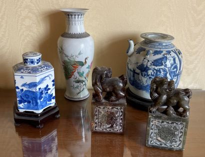 null LOT OF MODERN CHINA: TWO HARDSTONE CHIMERES, blue-white porcelain ginger jar...