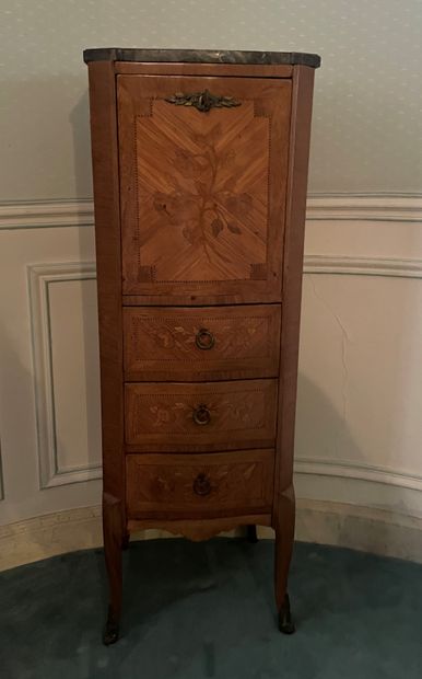 null Narrow SECRETARY in veneer and marquetry decorated with flowering branches,...