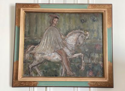 null Tinos HEBA VEVERT (20th century): Woman riding a horse. Painting mounted on...