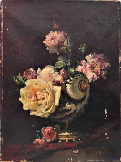 Eugène BIDAU (1839-1899) : Nautile et roses....