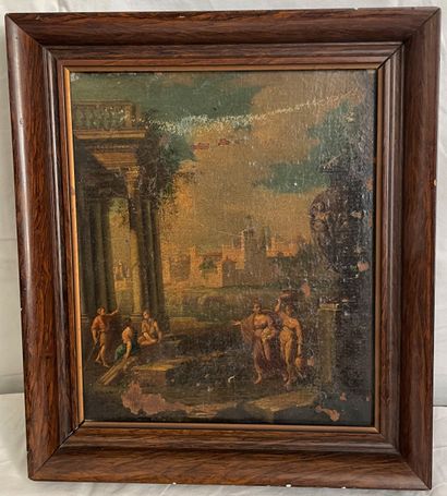 null 18th century FRENCH SCHOOL: Characters in ancient ruins. Oil on canvas (accidents)....