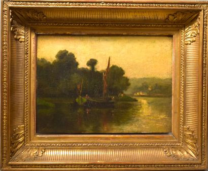 null FRENCH SCHOOL, late 19th century: Boat on a river. Panel signed lower left Patin....