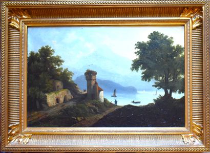 null FRENCH SCHOOL, 19th century: Lakeside scenes. Canvas (lined and small paint...