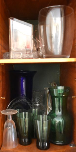 null LOT of various glassware including vases, carafe and green glasses.