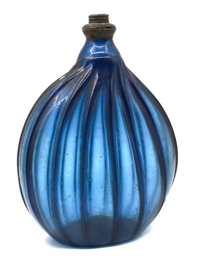 null Blue ribbed glass ovoid FLACON, screw-threaded metal neck (stopper missing),...
