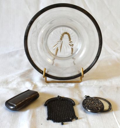 null LOT silver: silver-rimmed crystal cup, folding pocket mirror, mesh purse, snuffbox....