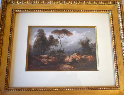 null 19th-CENTURY FRENCH SCHOOL: Animated Landscapes. Pair of oils on paper, one...