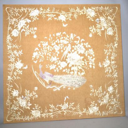 null Far East EMBROIDERY: Peacock (stains). Mounted on frame. Height 102 - Width...