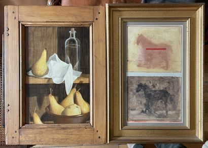 null LOT OF TWO Framed PIECES: Still life with pears Horses. Height 54 - Width 39...
