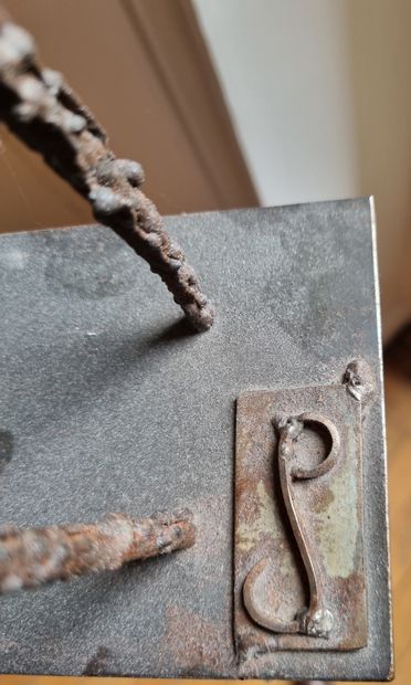 null Contemporary SCULPTURE: Horse jumping an obstacle. Monogrammed metal. On base....