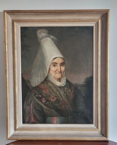 null 19th century FRENCH SCHOOL: Portrait of a woman wearing a headdress. Canvas...