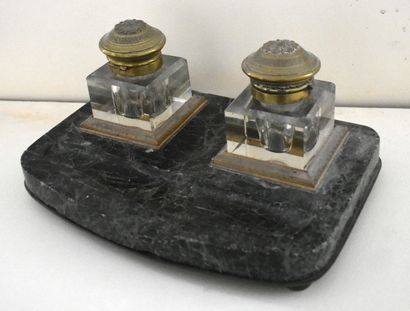 null ENCRIER with two glass bottles, rectangular green marble base on four toupie...