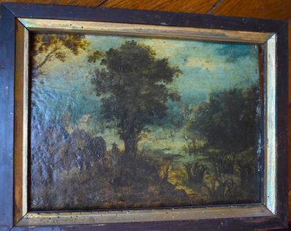 null PAINTING on steel: Animated landscape after Brueghel de velours. Height 21 -...