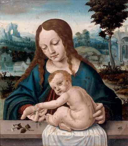 École flamande vers 1600, suiveur de SOLARIO Vierge à l'Enfant Panneau de noyer renforcé....