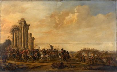 Jacob Van der ULFT (1627-1689) Scène de combat près de ruines antiques Panneau de...