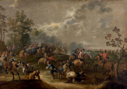 Attribué à Pieter MEULENER (1602-1654) Choc de cavalerie Toile. Restaurations anciennes...
