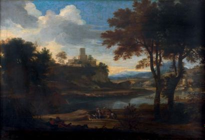 Attribué à Jacob de HEUSCH (1625-1692) Personnages et cavaliers près d'un château...