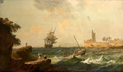 Alexandre Jean NOEL (1752-1834) Navires et barques en danger dans un estuaire Toile....