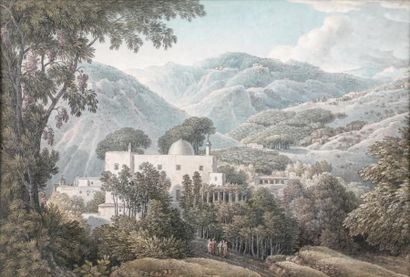 Louis François CASSAS Vue du couvent de Sainte-Catherine au mont Sinaï Plume et aquarelle...