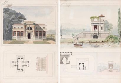 École Française du XIXe siècle Six projets d'architecte représentant des villas ou...