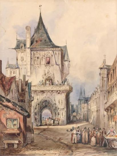 Richard-Parkes BONINGTON (1801-1828) Vue de ville avec vieille tour Aquarelle sur...