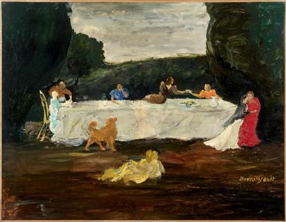 Jean-Louis BOUSSINGAULT (1883-1943) Le Repas dans un paysage Huile sur papier marouflé...