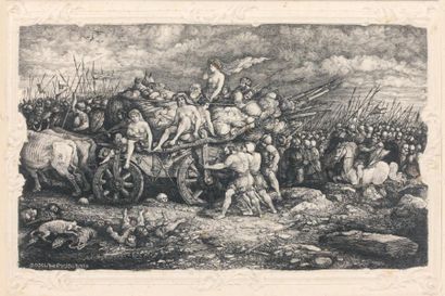 Rodolphe BRESDIN (1825-1885) Guerriers autour d'un char, attelé à deux boeufs et...